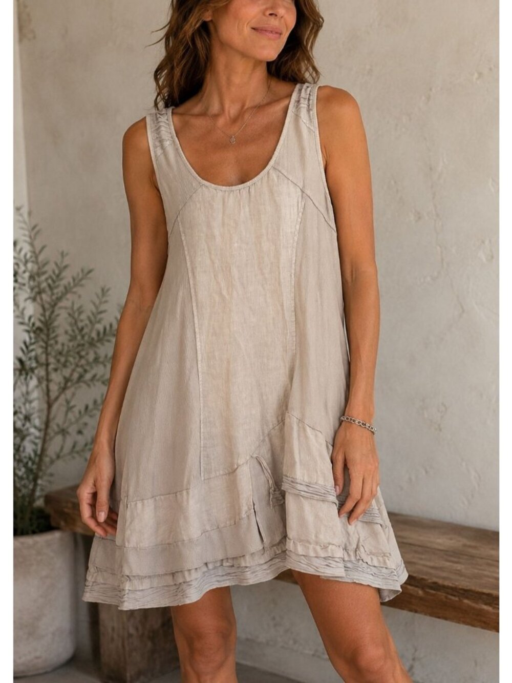 Beige Linen Sleeveless Dress Ruffle Hem Made In Italy Boho Bohemian Lagenlook M - Picture 1 of 16